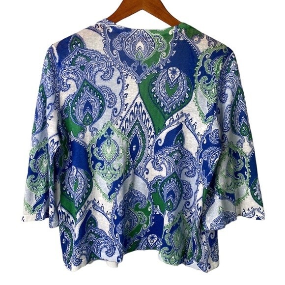 Chico's Cool Paisley Linen Cotton Open Front Cardigan Drape Flare 3/4 Sleeve - Picture 6 of 13